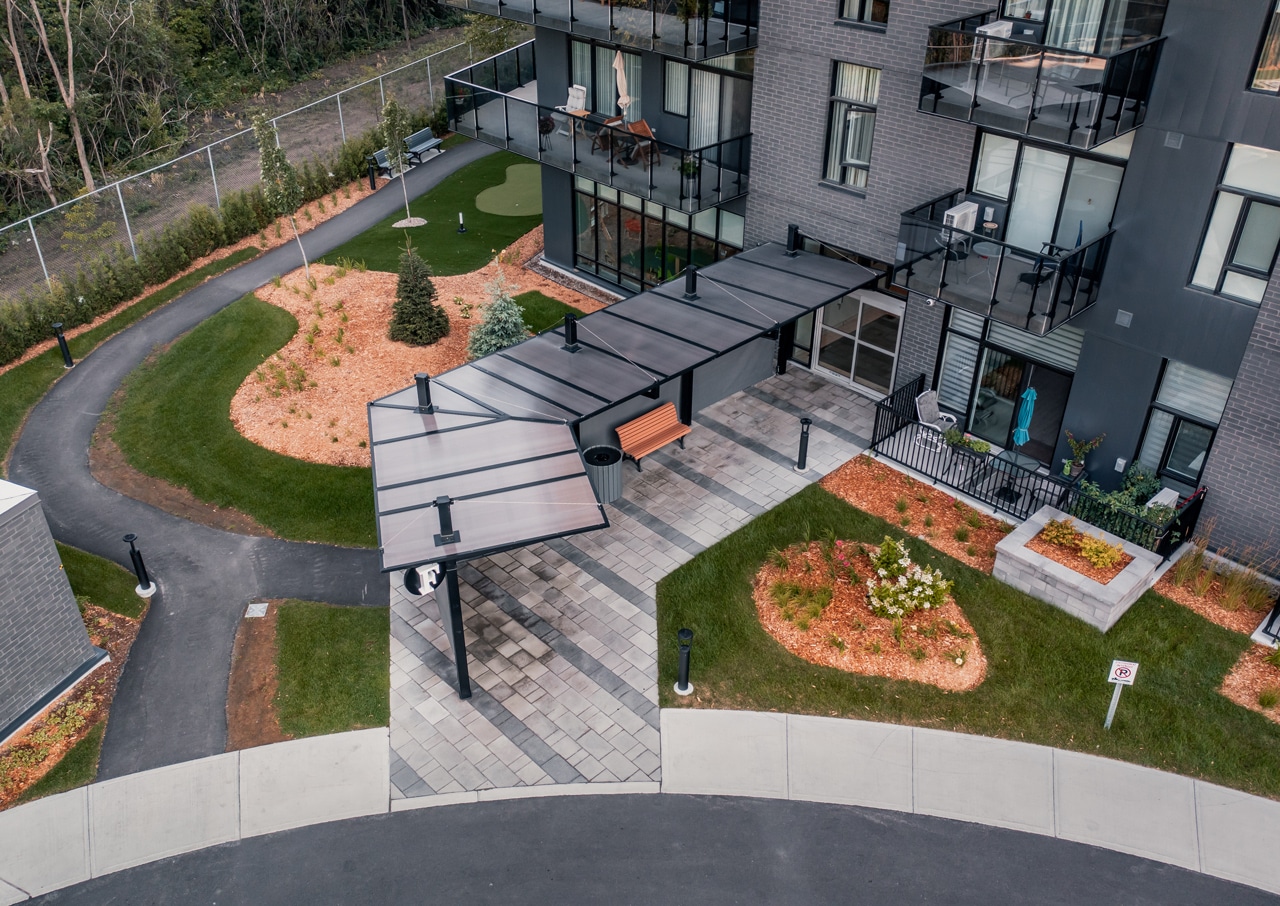 Aerial view entrance portico with polycarbonate roof