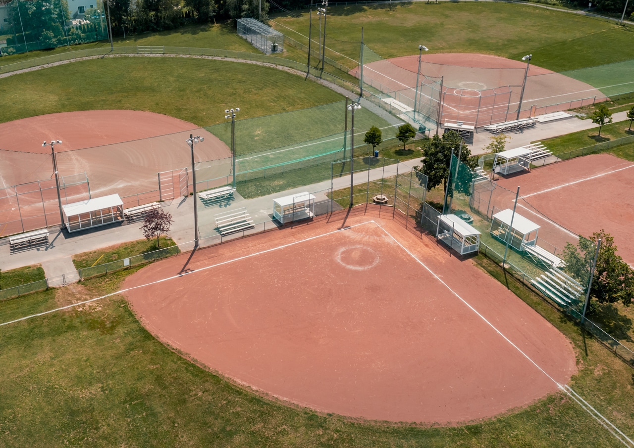 Aerial view of park dugouts on baseball fields
