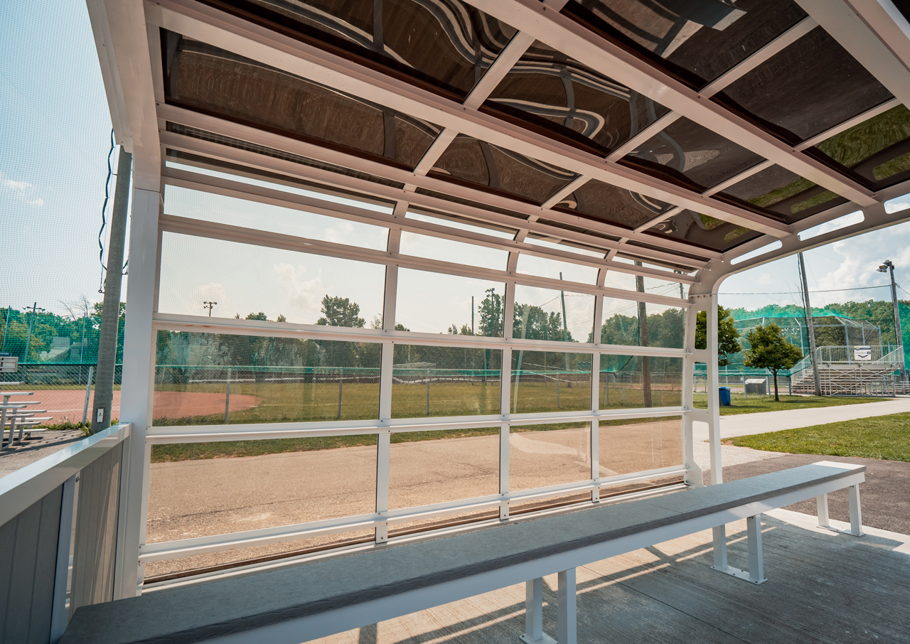 Interior view of a park shelter on a baseball field